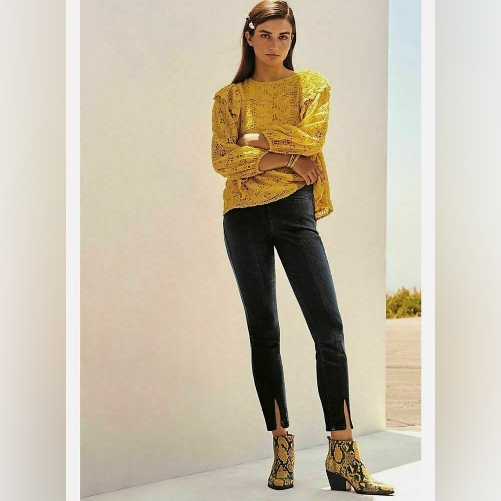 Anthropologie Yellow Clemetine Eyelet Long Sleeve Lined Boho Top Womens Size 4